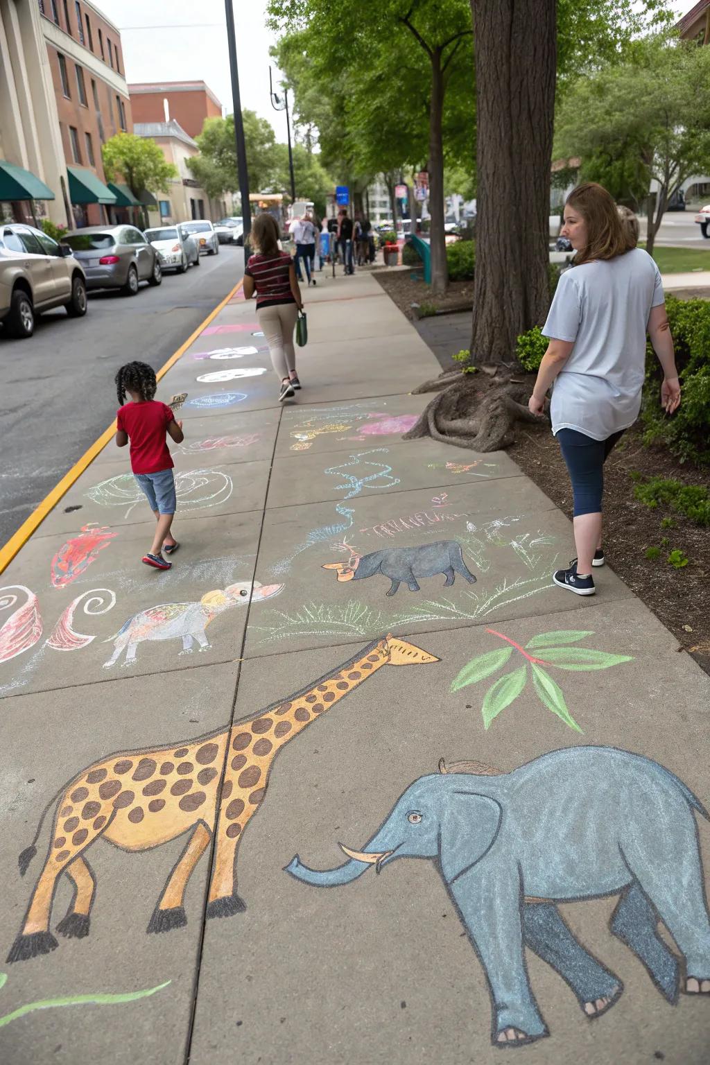 A playful zoo scene drawn with chalk, featuring a variety of animals.