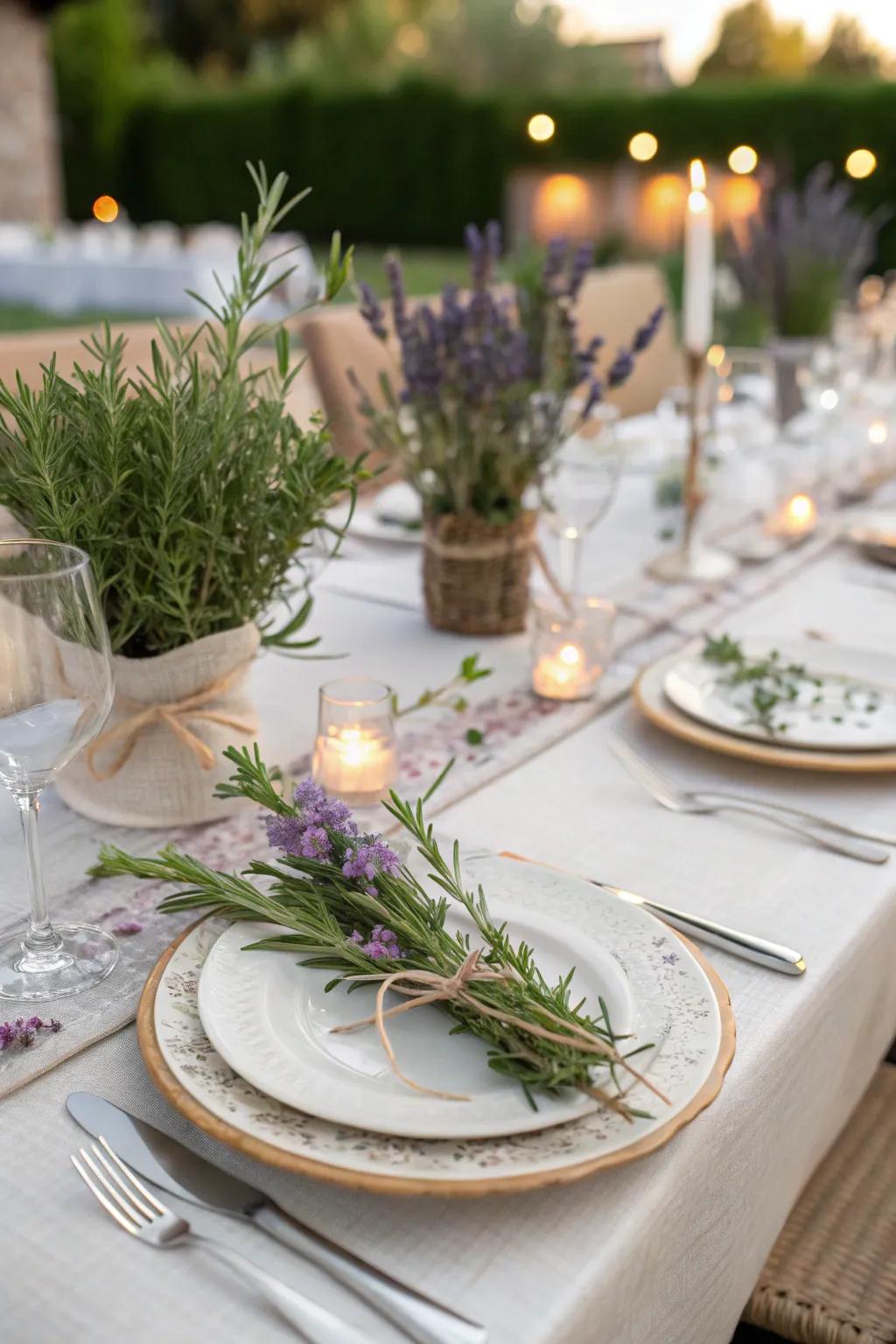 Herbs adding fragrance and uniqueness to wedding arrangements.