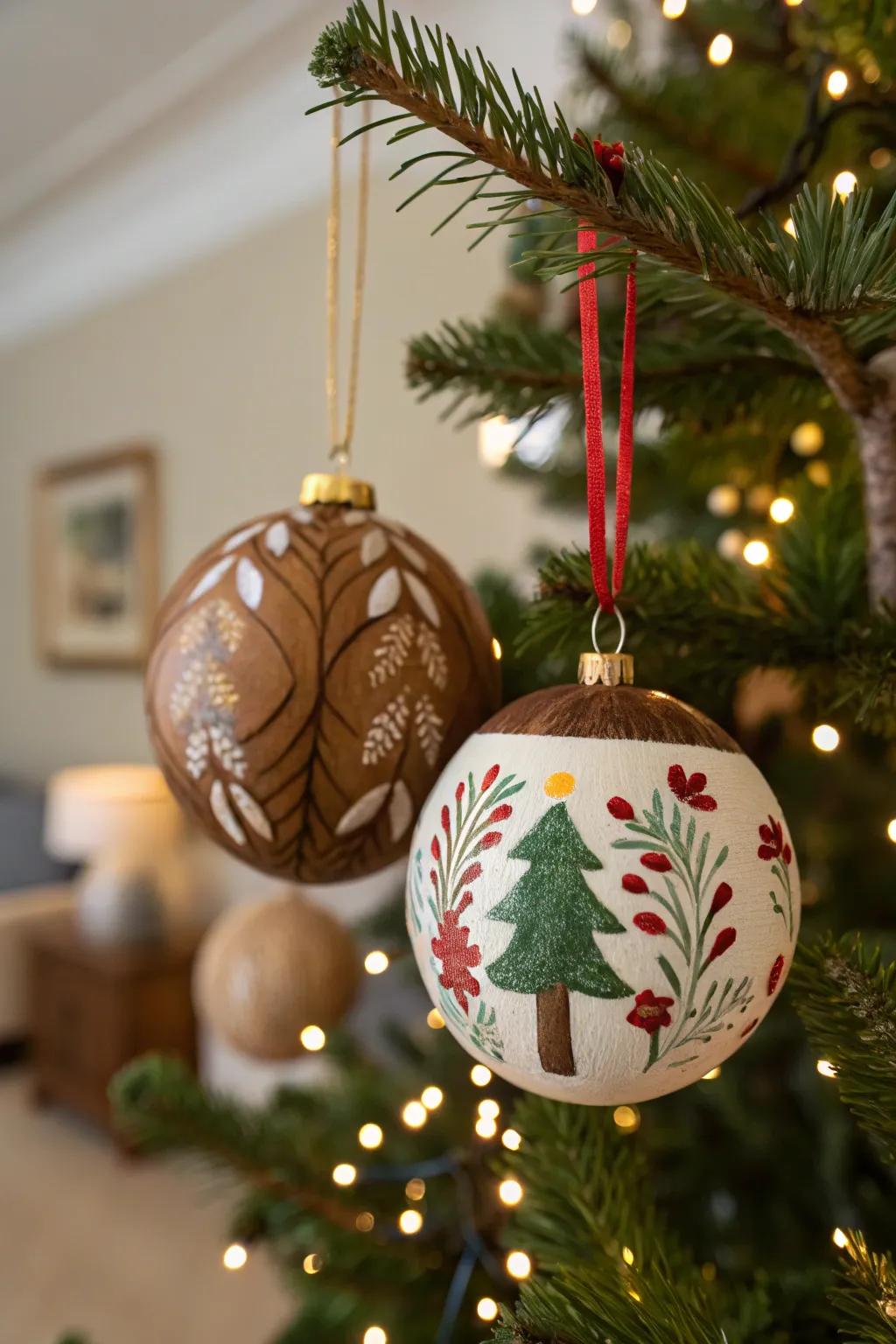 Painted nut ornaments adding whimsy to a tree.