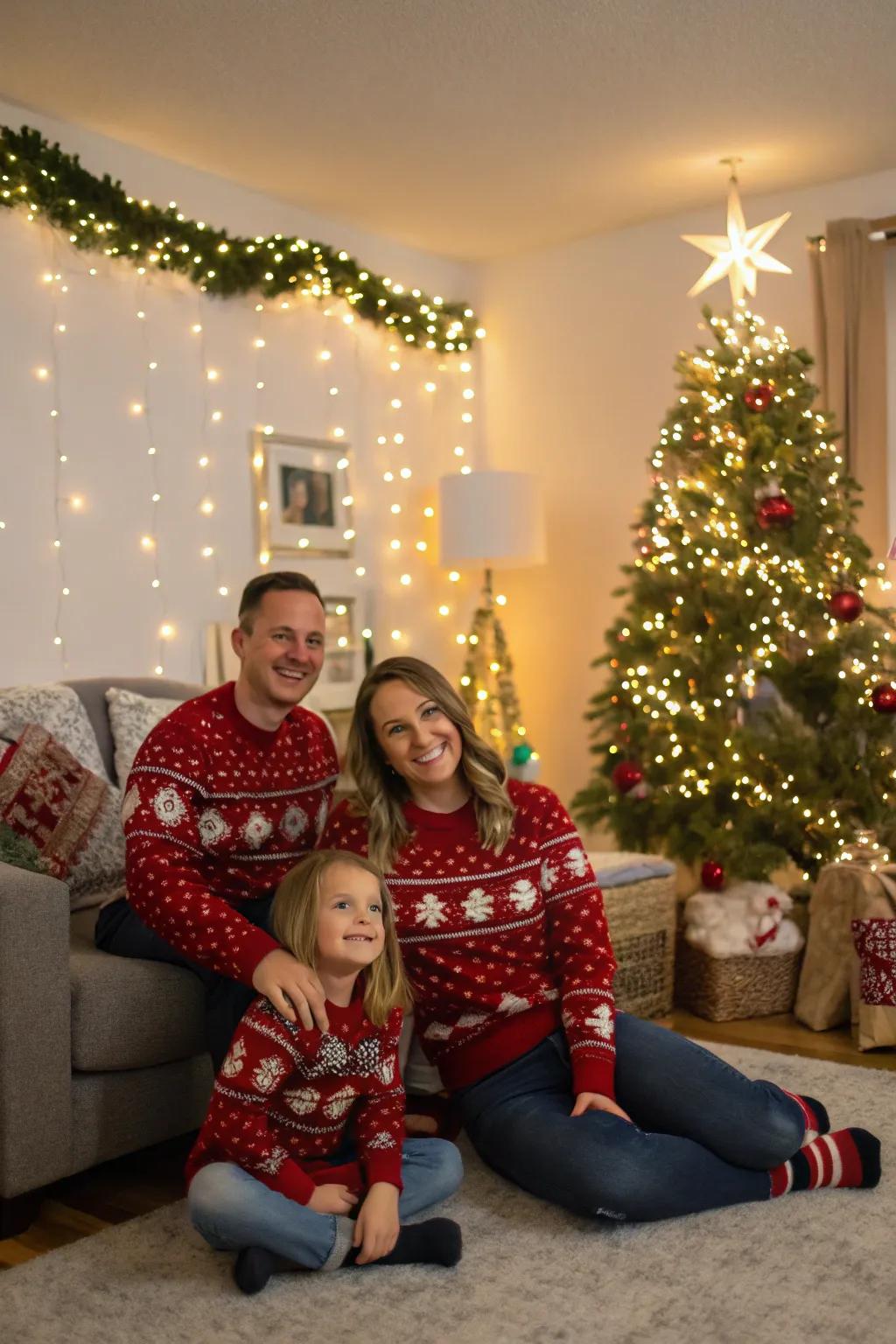 Family showcasing matching holiday sweaters.