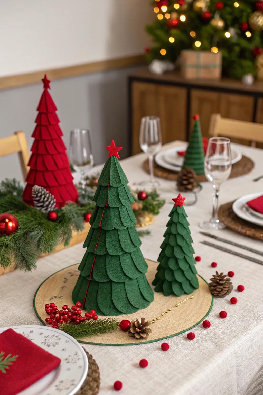 Felt trees bring a playful, handmade feel to the table.