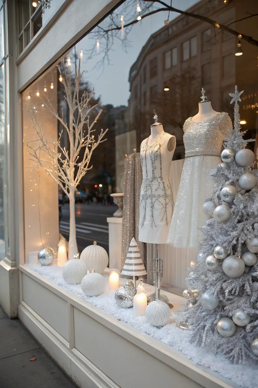 A monochrome mix of white and silver creates a chic window display.