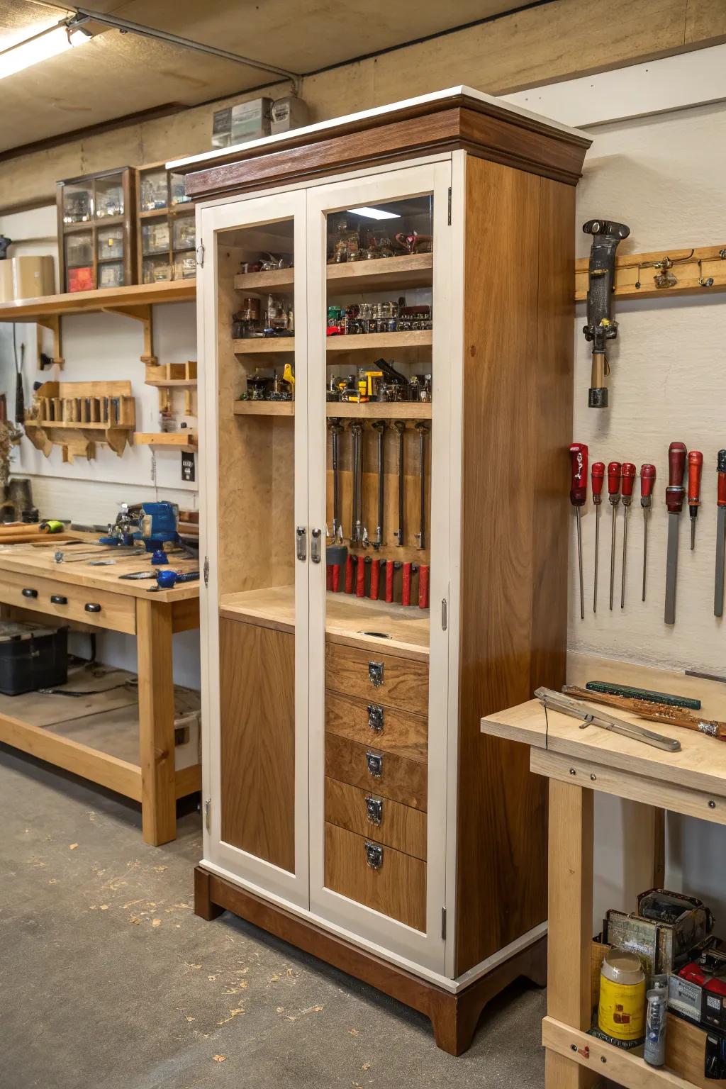 Custom cabinets allow for tailored and comprehensive clamp storage.