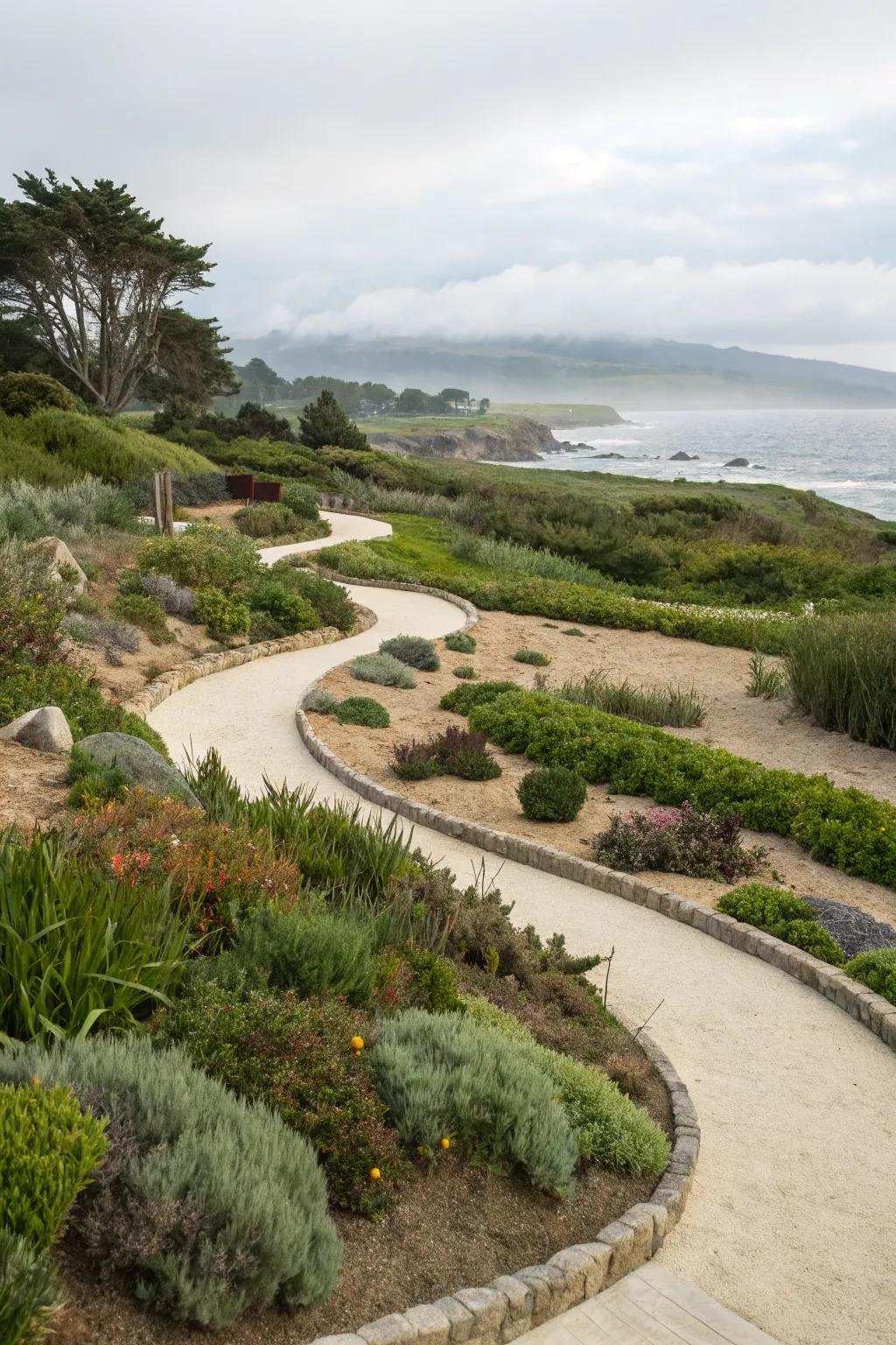 Naturalistic curves create a harmonious flow in coastal gardens.