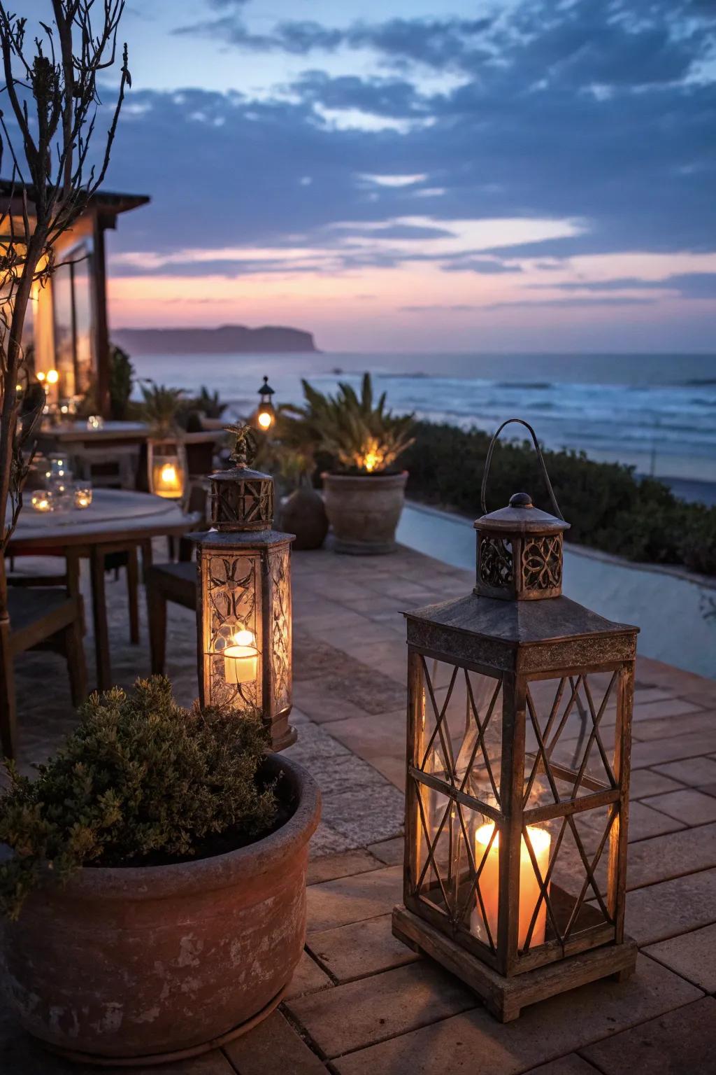 Rustic metal lanterns create a cozy glow for outdoor spaces.