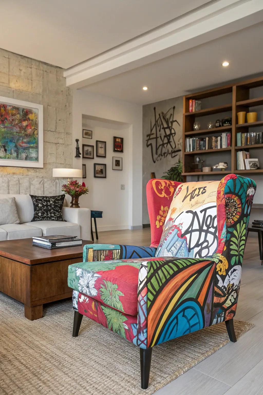 A living room showcasing graffiti designed furniture as the centerpiece.