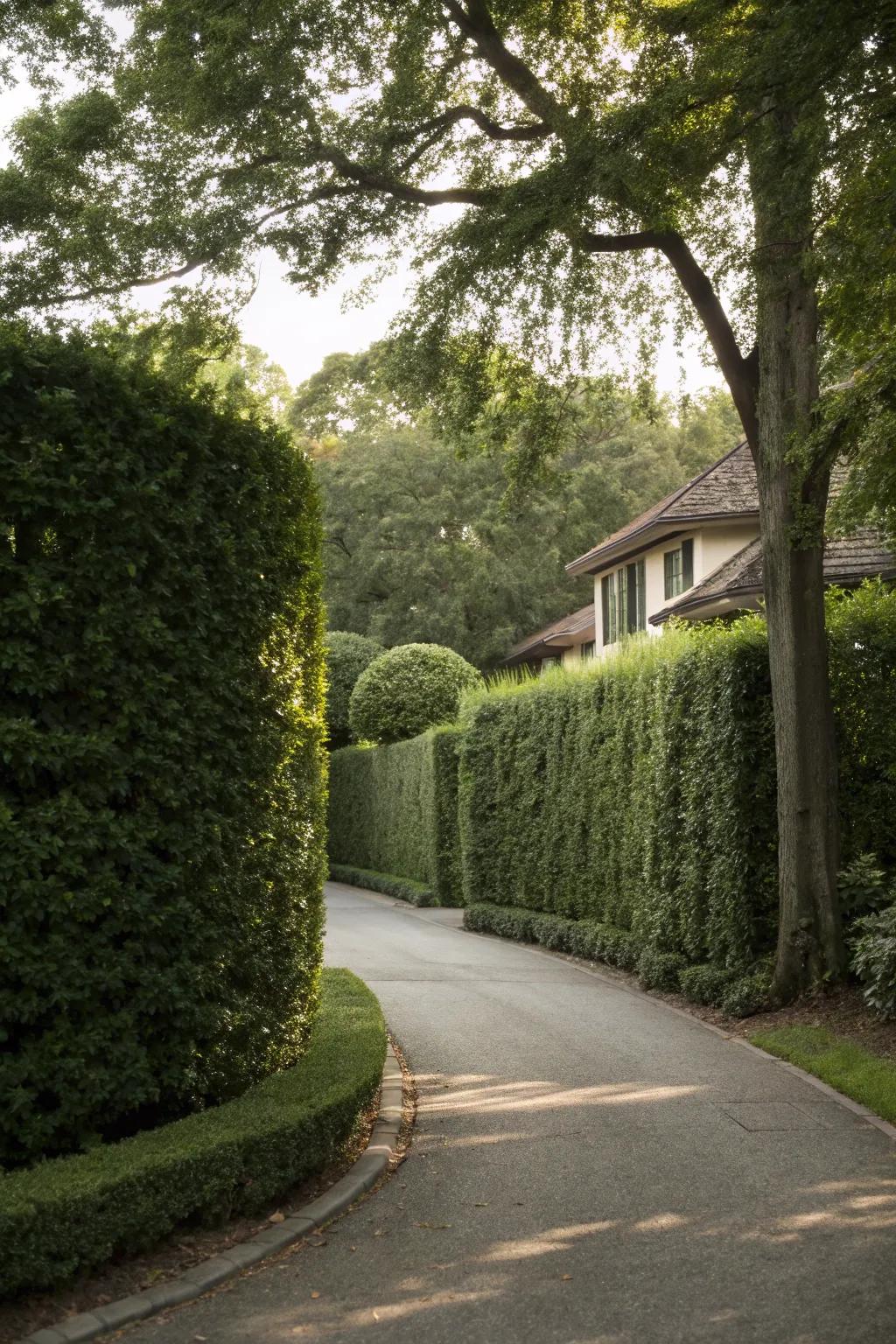 Hedges providing privacy and a lush green backdrop.