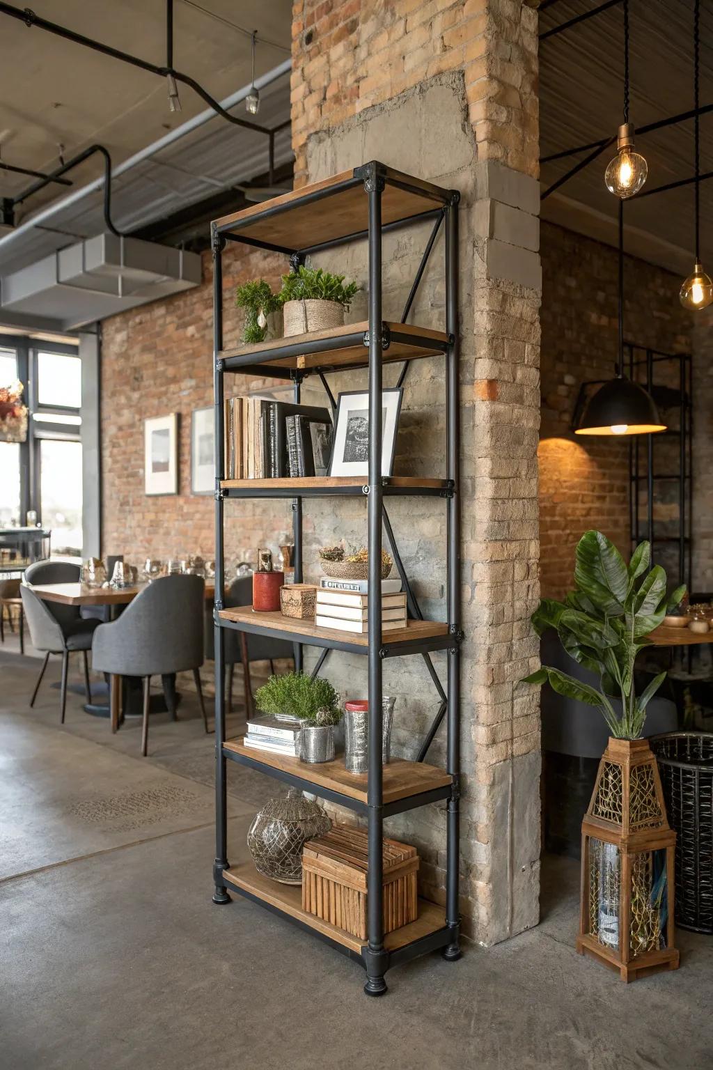 Industrial shelves add edgy sophistication to your dining room.