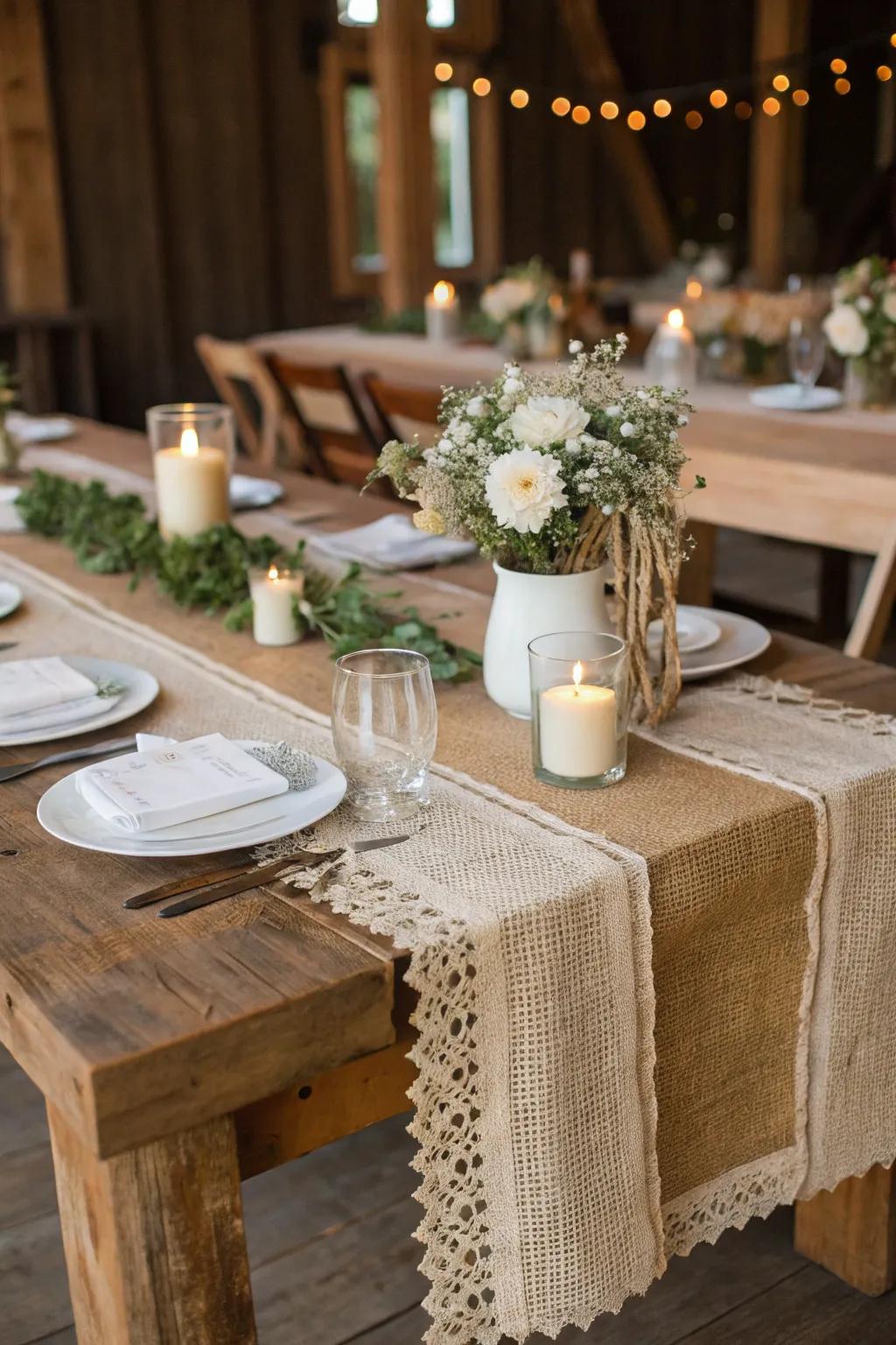 Rustic wedding decor featuring burlap table runners for added texture.