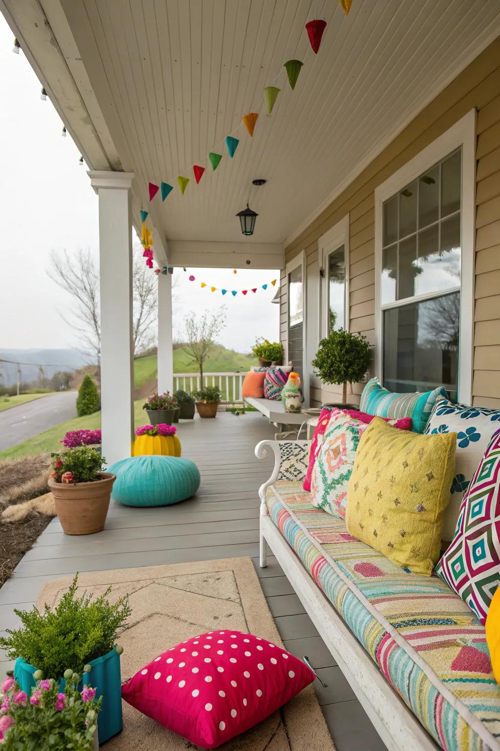 Whimsical elements add personality and charm to the porch.