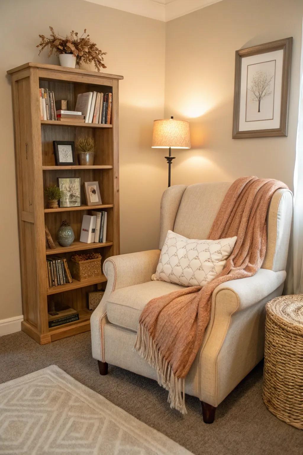 A reading nook invites relaxation.