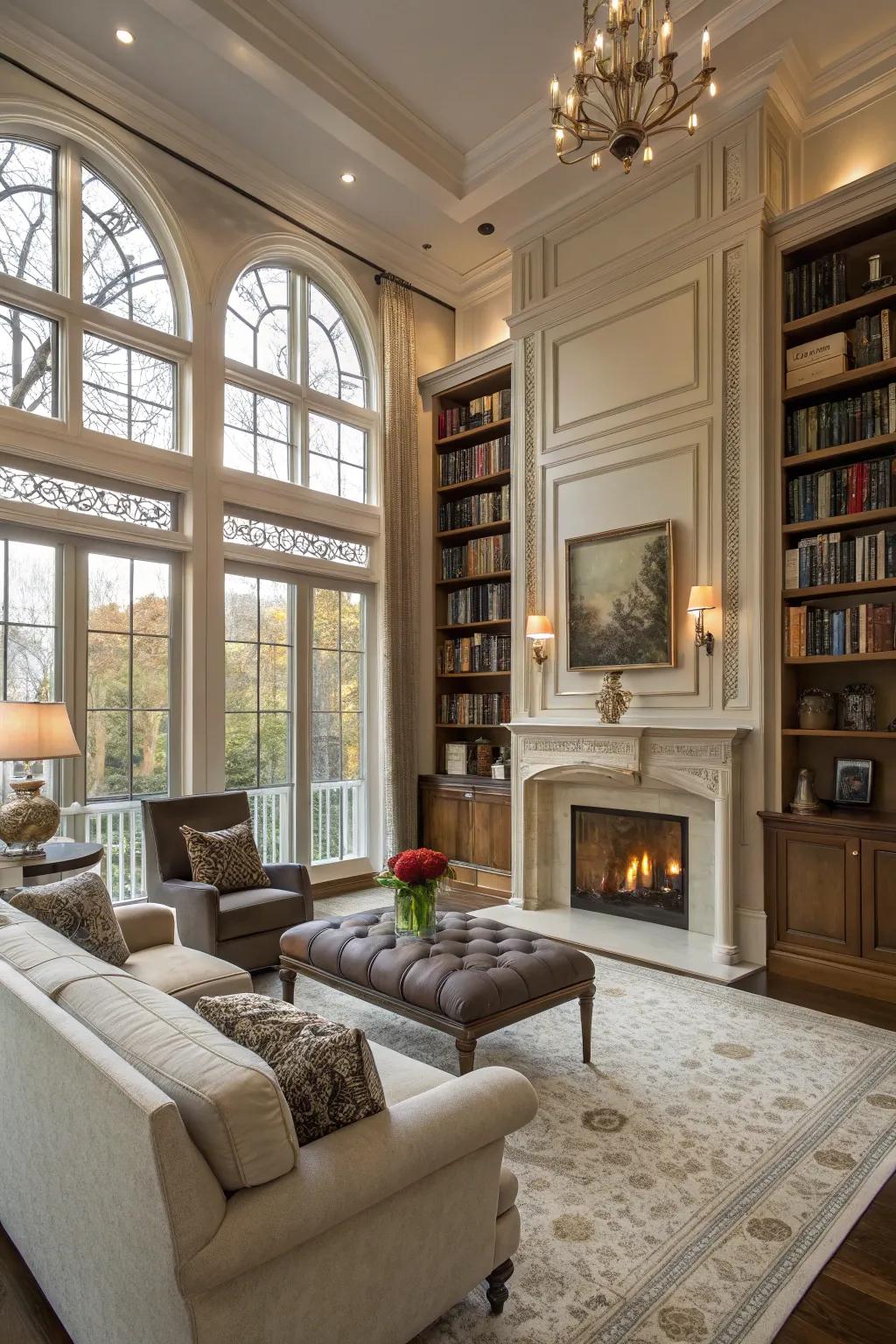 Bookshelves with hidden compartments add mystery and extra storage.