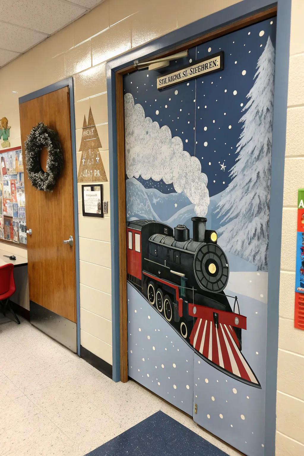 A classroom door capturing the magic of the Polar Express with a snowy train scene.