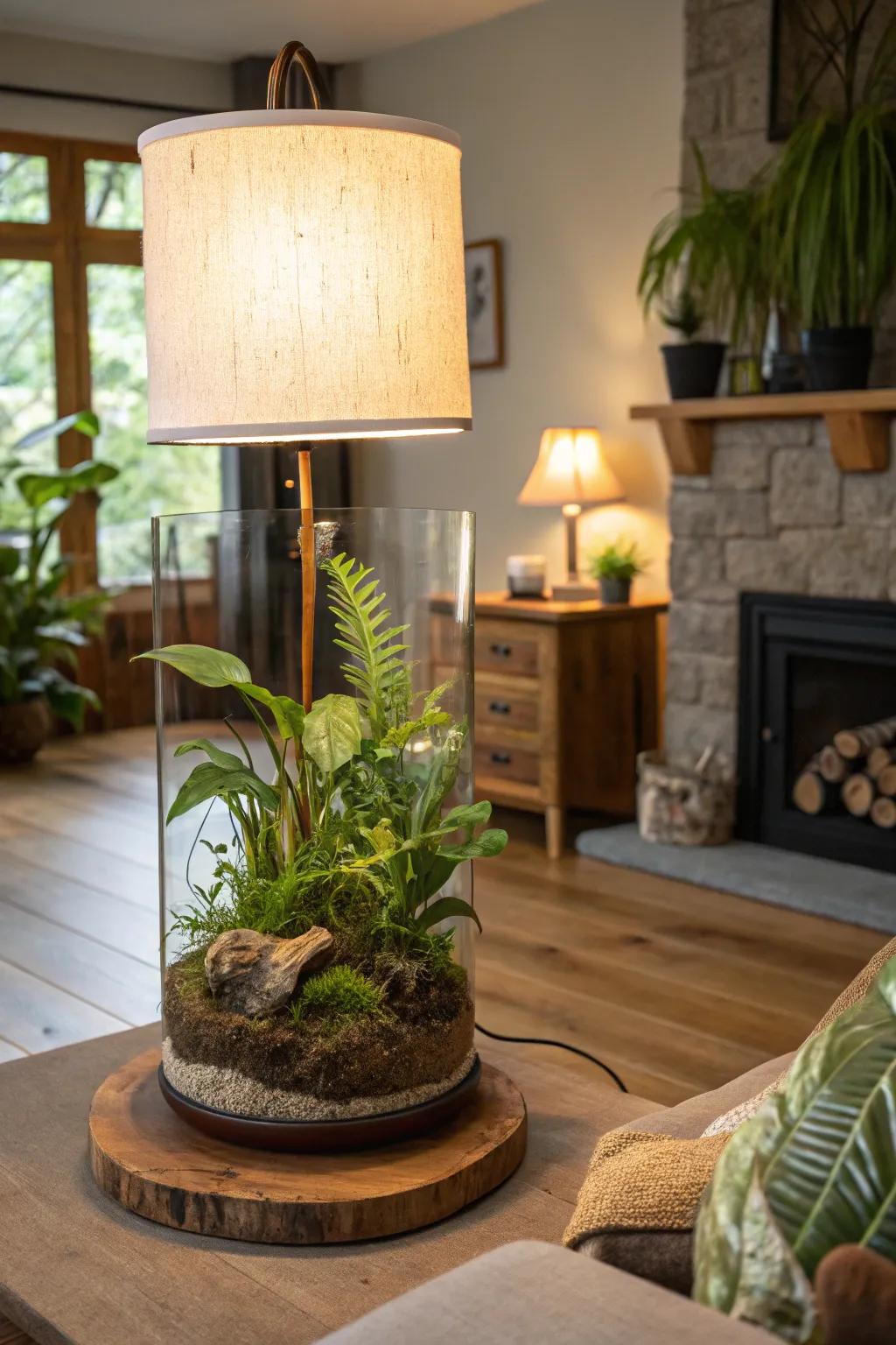 A terrarium lamp bringing greenery and light to a living space.