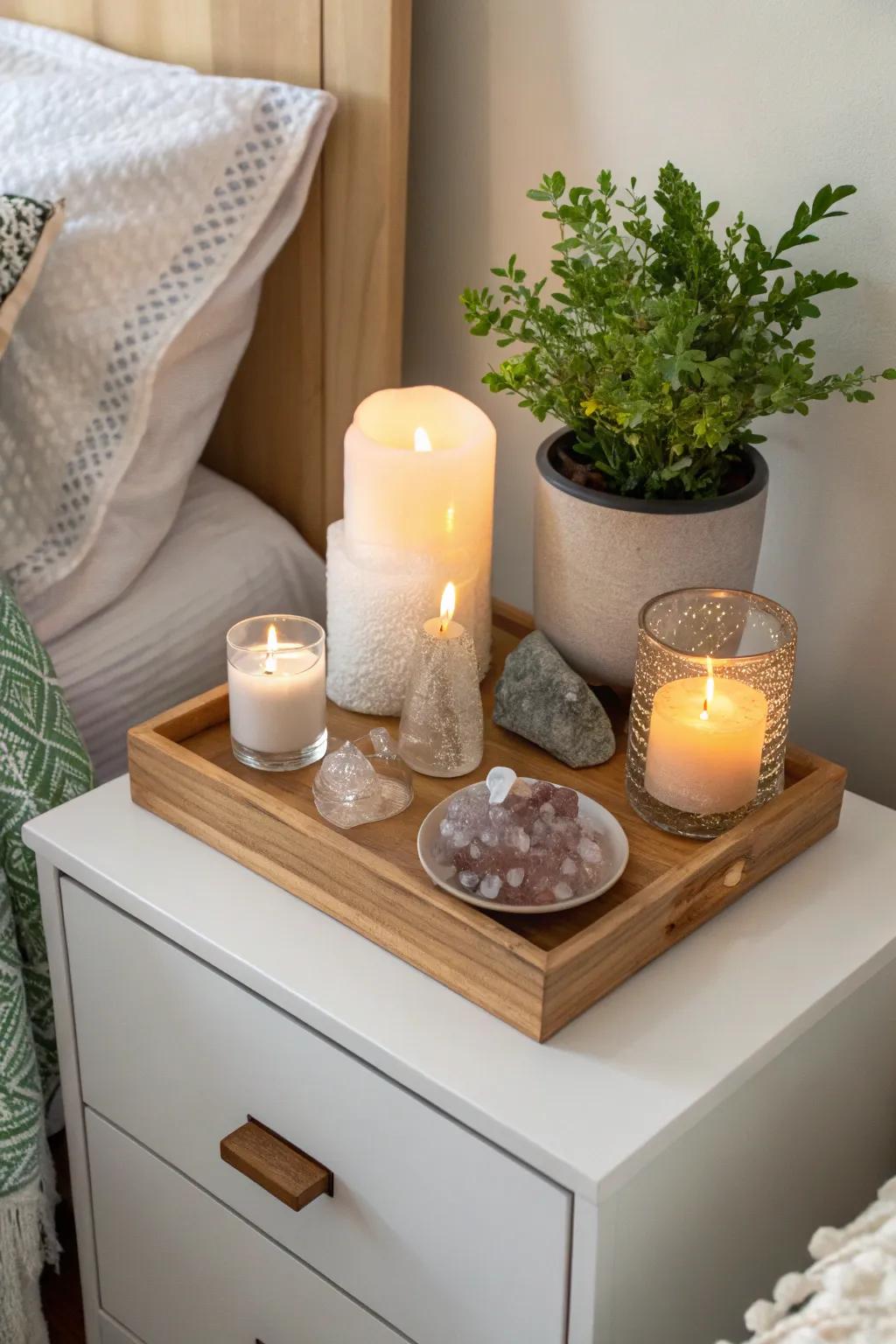 A serene bedroom display featuring crystals and candles.