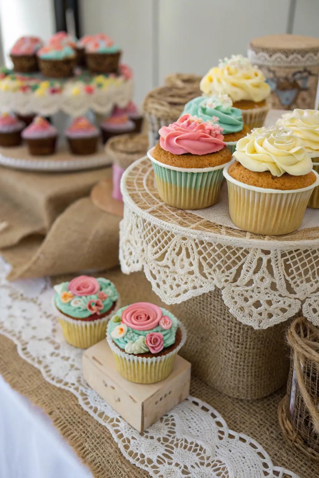 Textured surfaces add visual and tactile interest to the cupcake display.