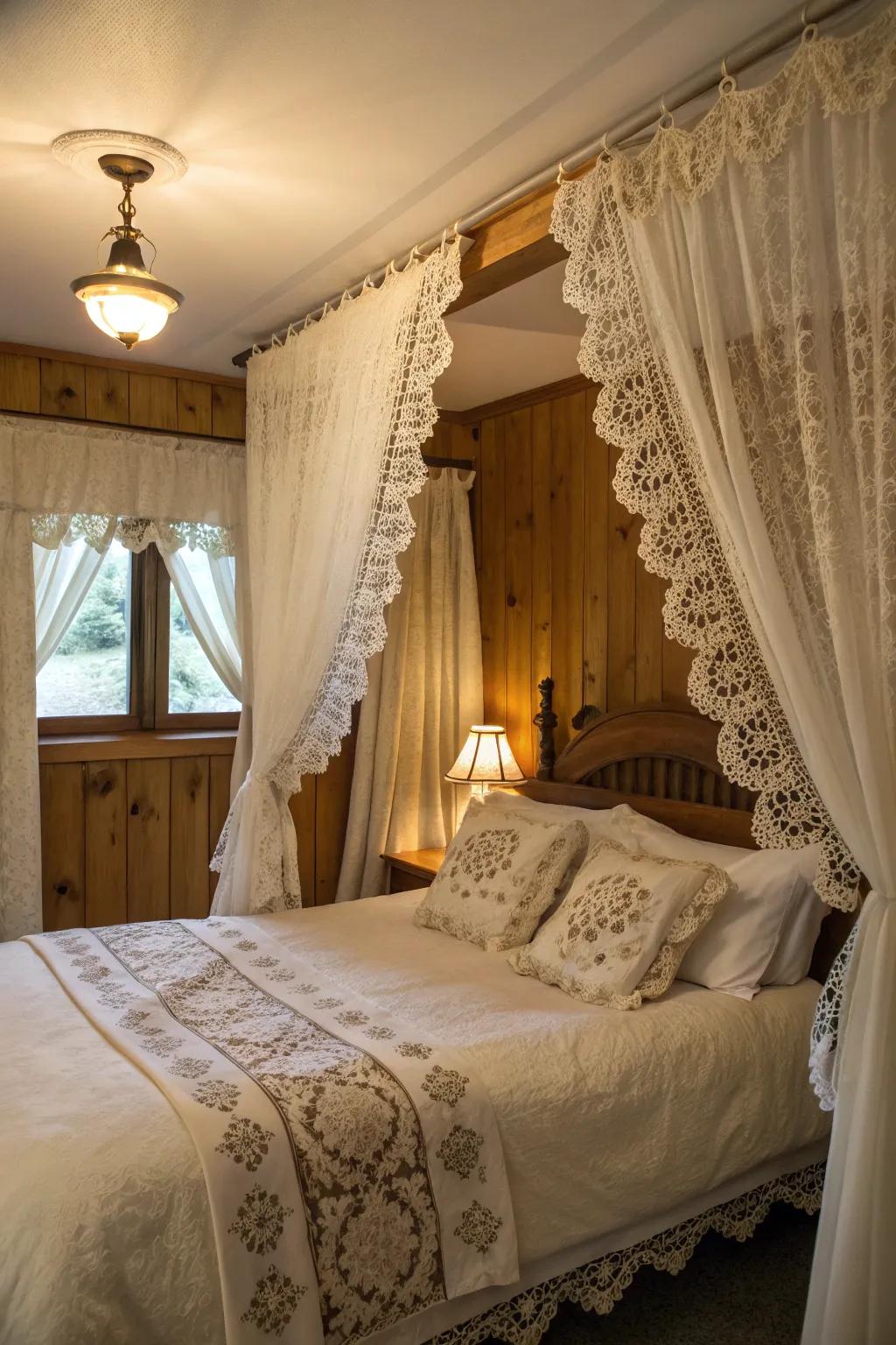 Romantic bedroom curtains with vintage lace accents.