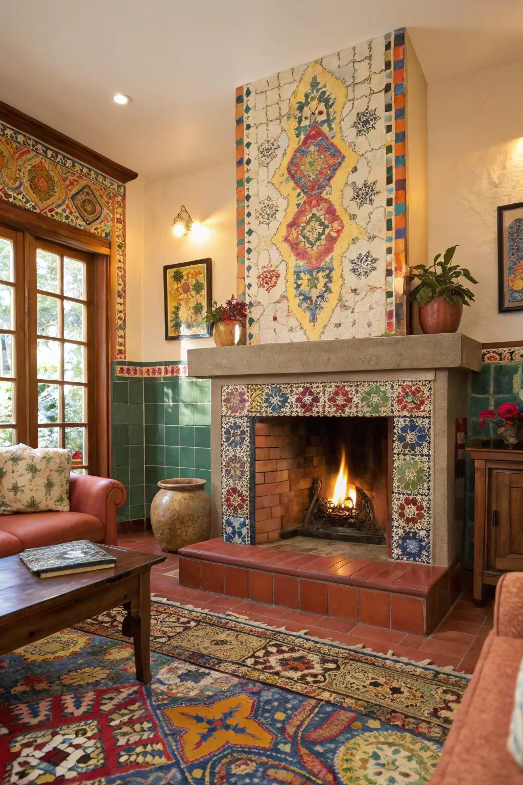 A fireplace adorned with mosaic tiles that adds personality and flair.