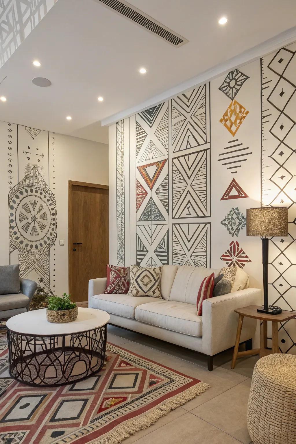 Geometric patterns bring modern structure to a living area.