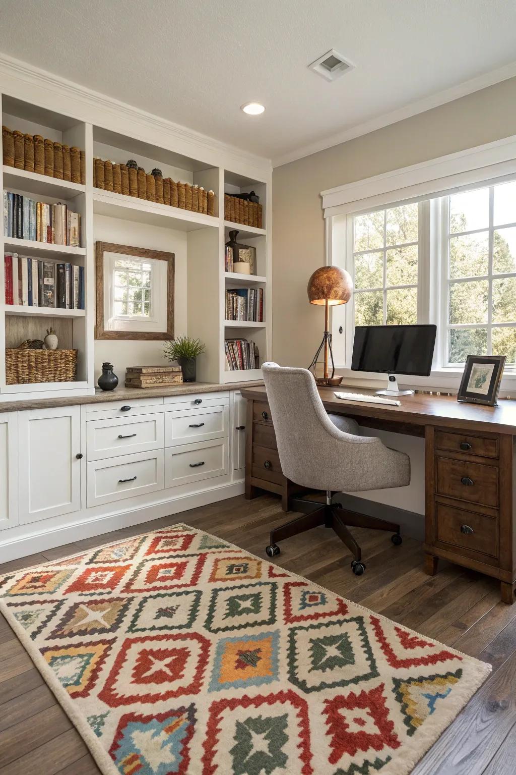 A stylish patterned rug defines and adds comfort to a home office.