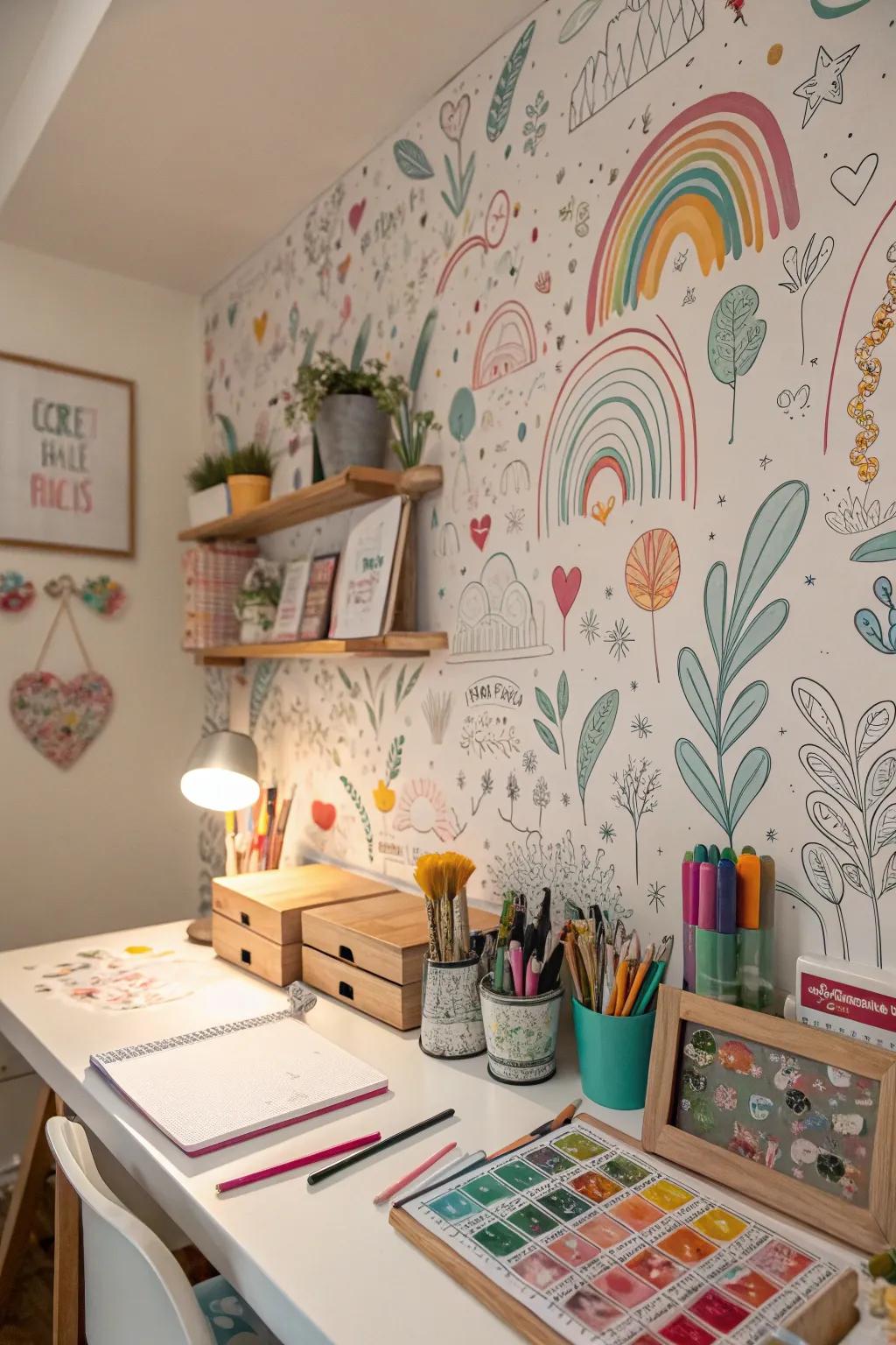 A studio featuring doodle-style wallpaper, adding playfulness to the creative space.