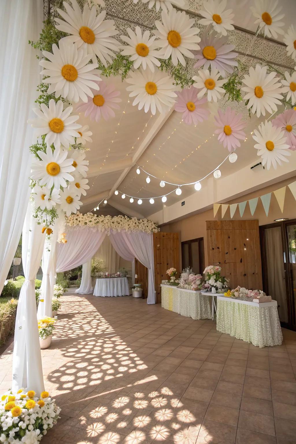 Wow guests with surprise daisy ceiling decor.