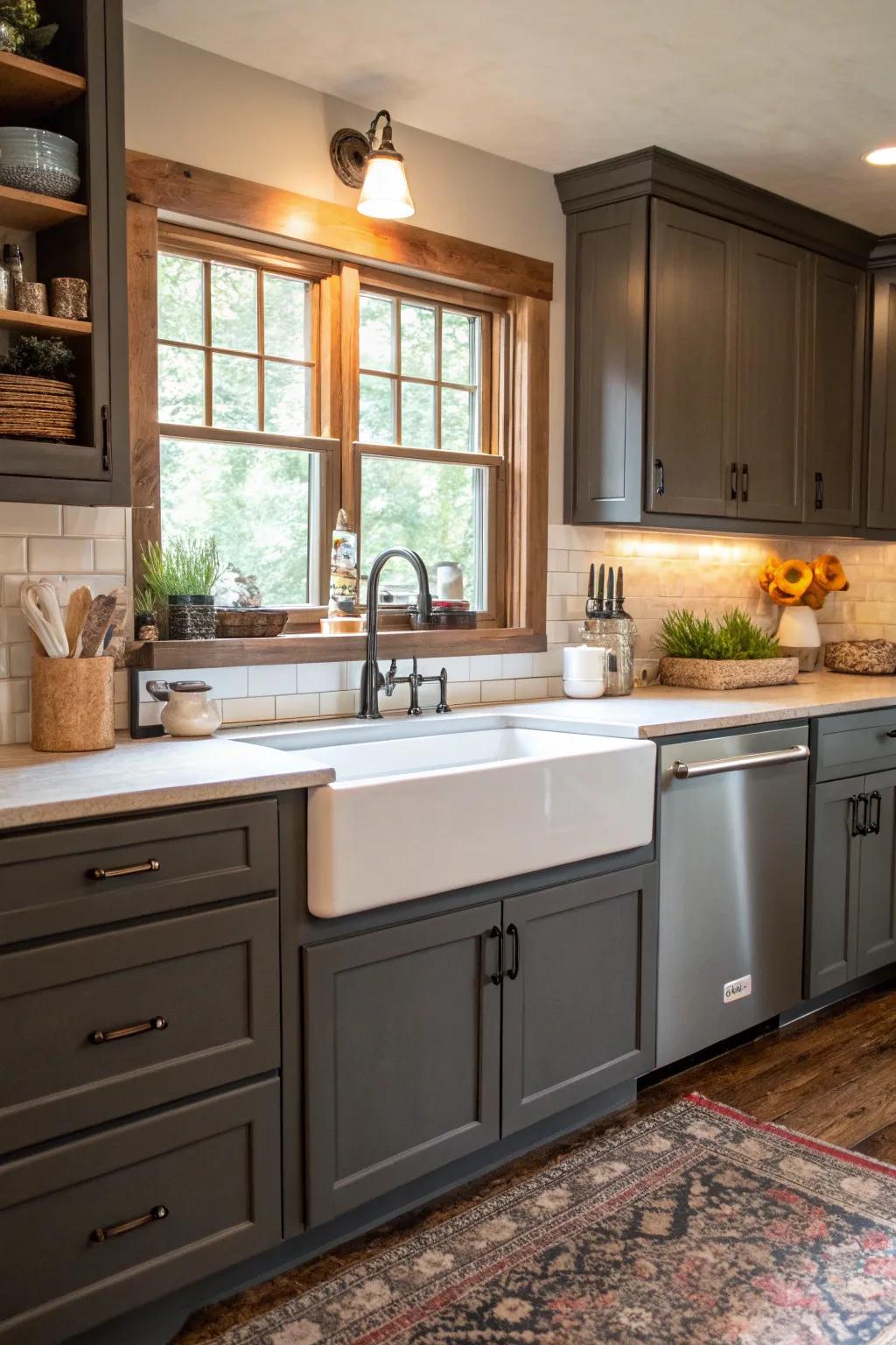 Farmhouse sink adding rustic charm to the modern kitchen.