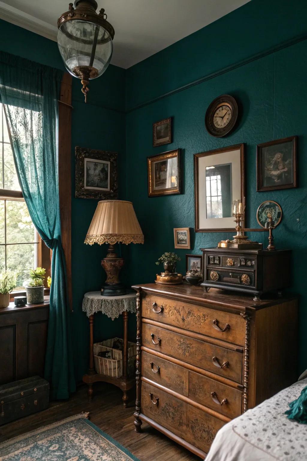 Vintage decor adds character and charm to teal.