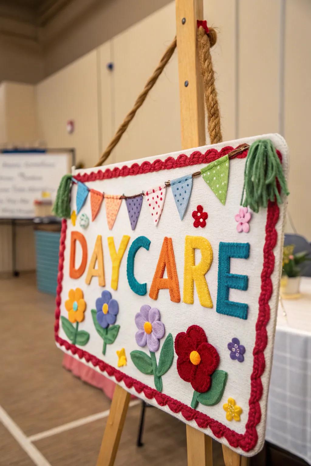 A DIY crafty sign adds a personal and creative touch to the daycare.