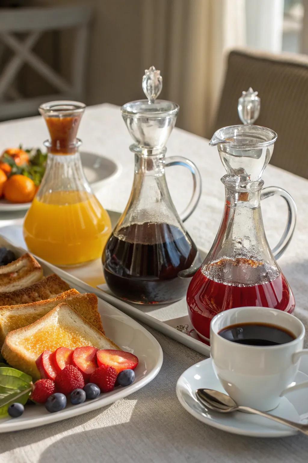 A breakfast table featuring decanters used for serving syrups.