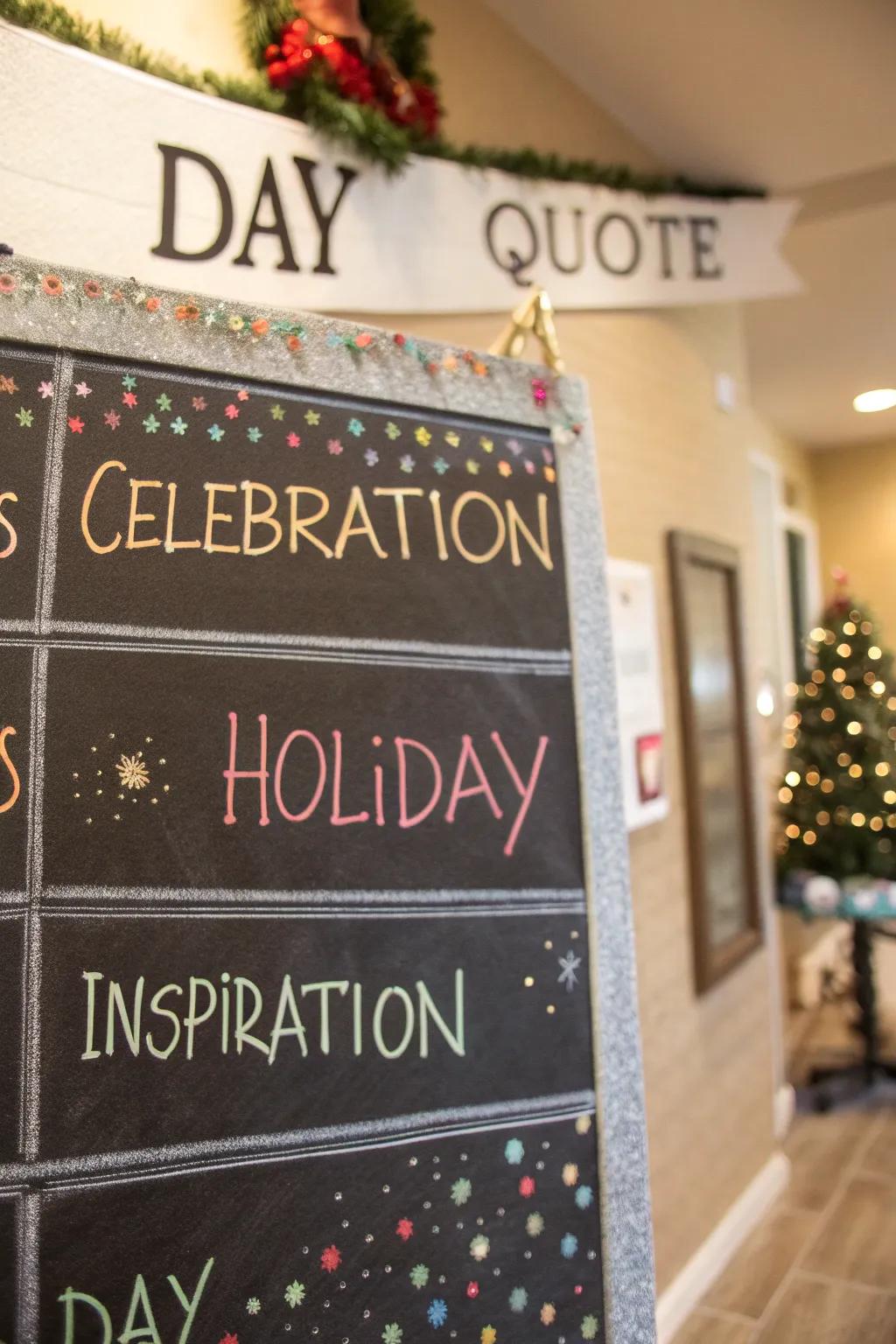 A cheerful chalkboard calendar featuring festive quotes.