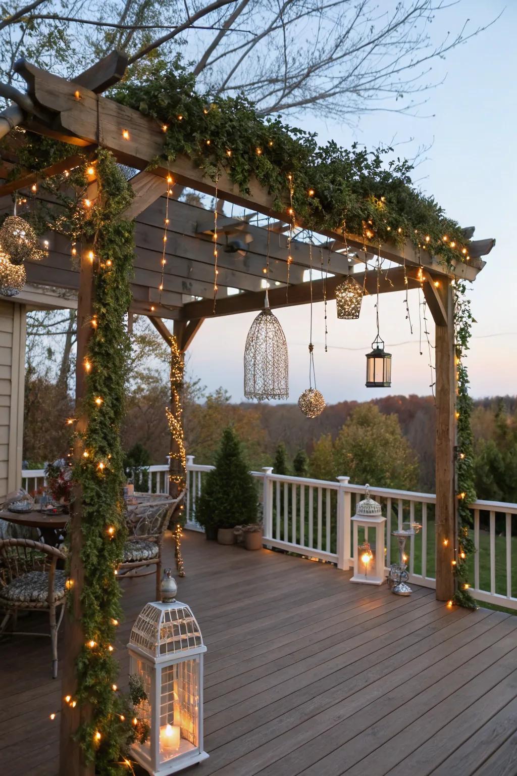 A whimsical pergola with fairy lights, creating a magical atmosphere.