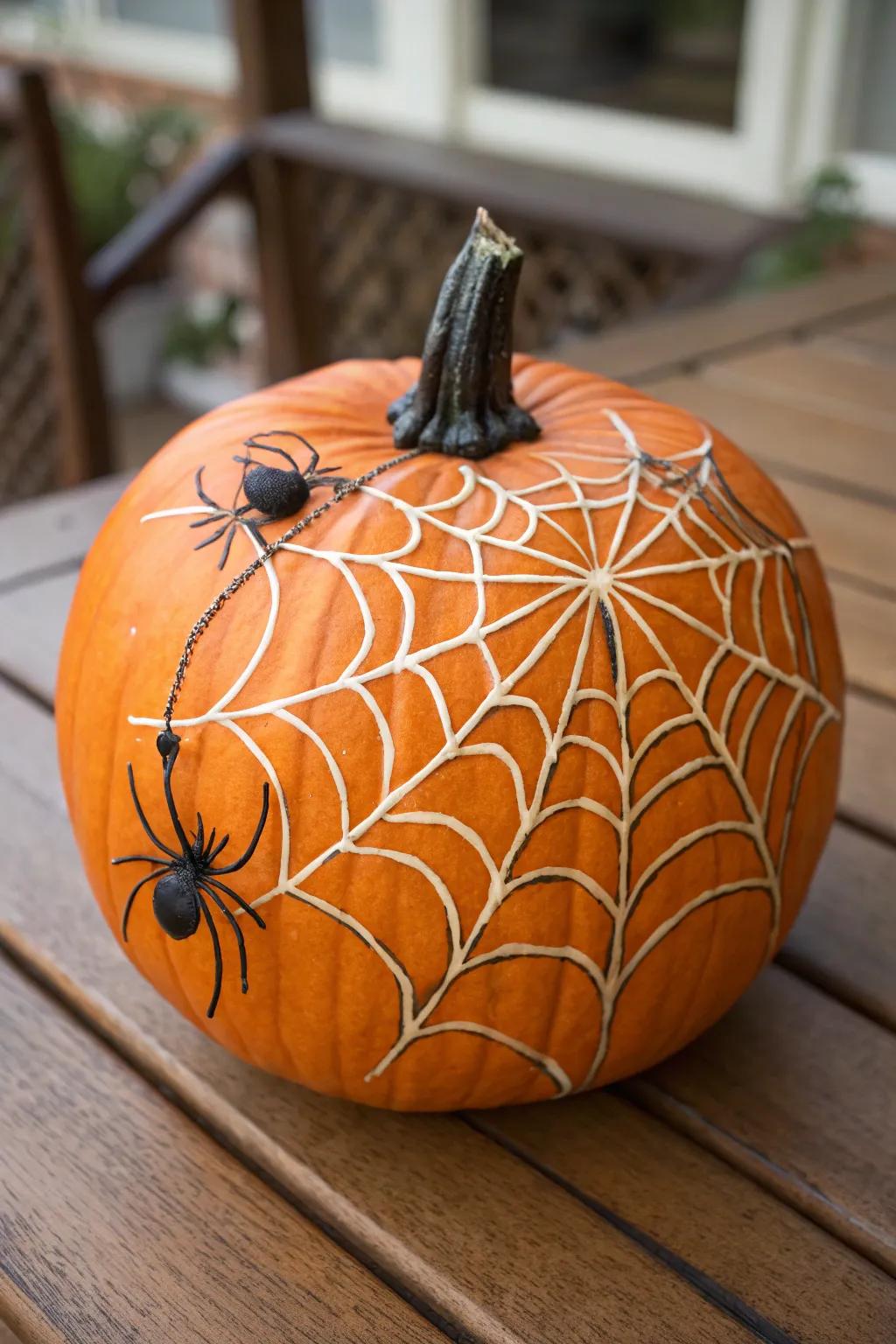 Capture the Halloween spirit with a spider web-painted pumpkin.