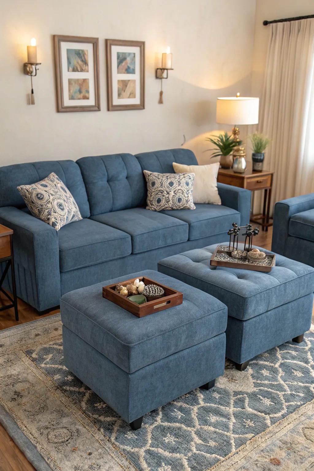 Functional furniture complements the aesthetic of a denim blue sofa.