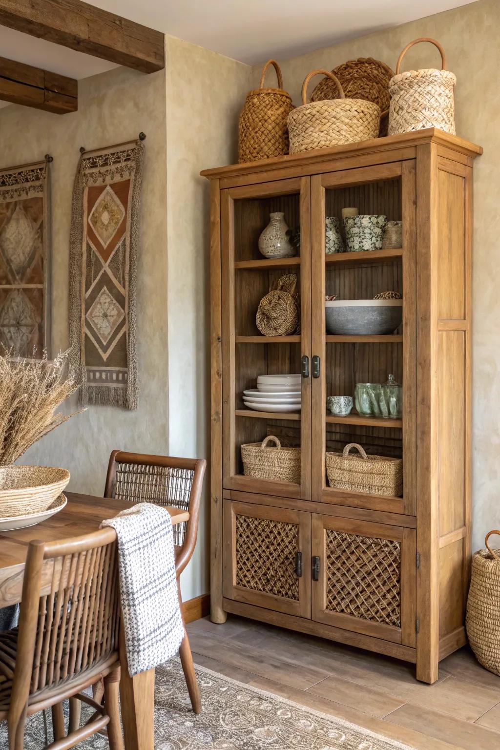 Introduce texture with woven cabinet details.