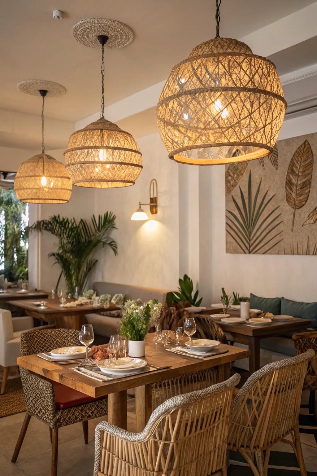 Boho lighting adds texture and warmth to this eclectic dining area.