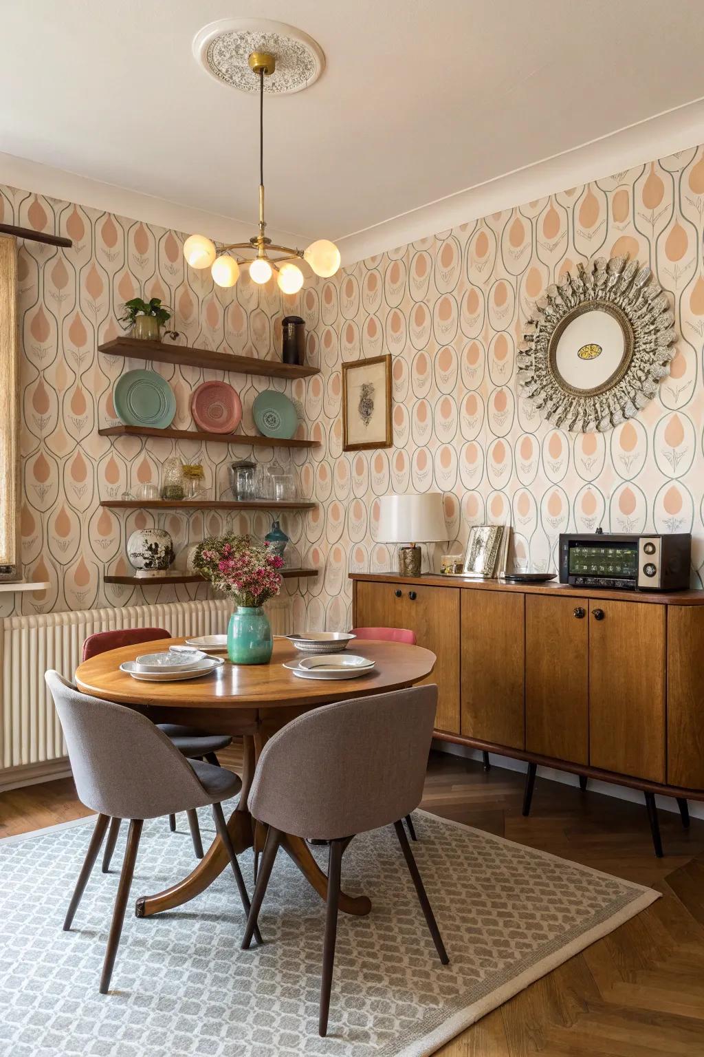 Retro wallpaper and mid-century furniture revive nostalgic charm in this dining room.