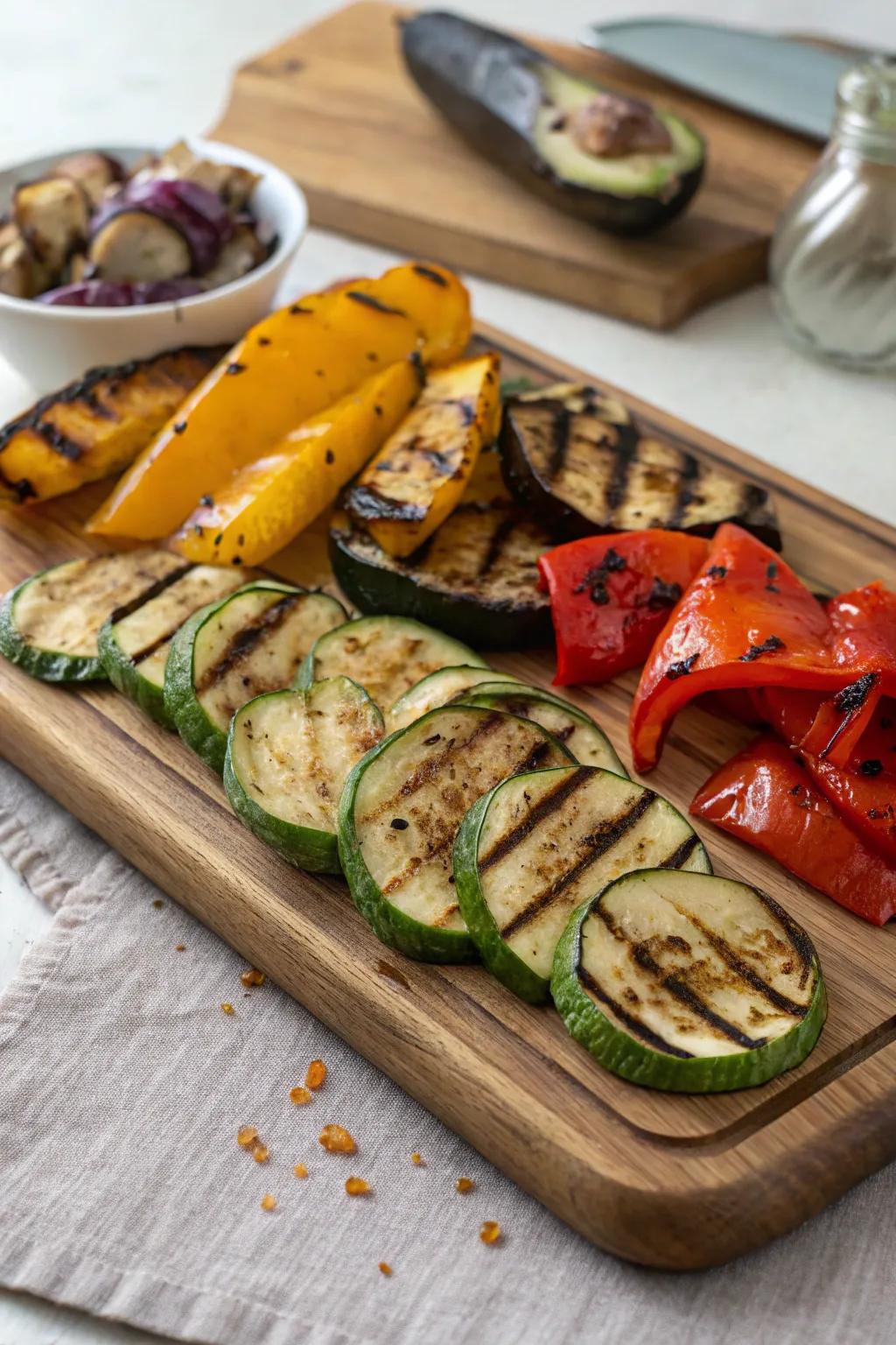 Experience the rich flavors of a beautifully grilled vegetable platter.