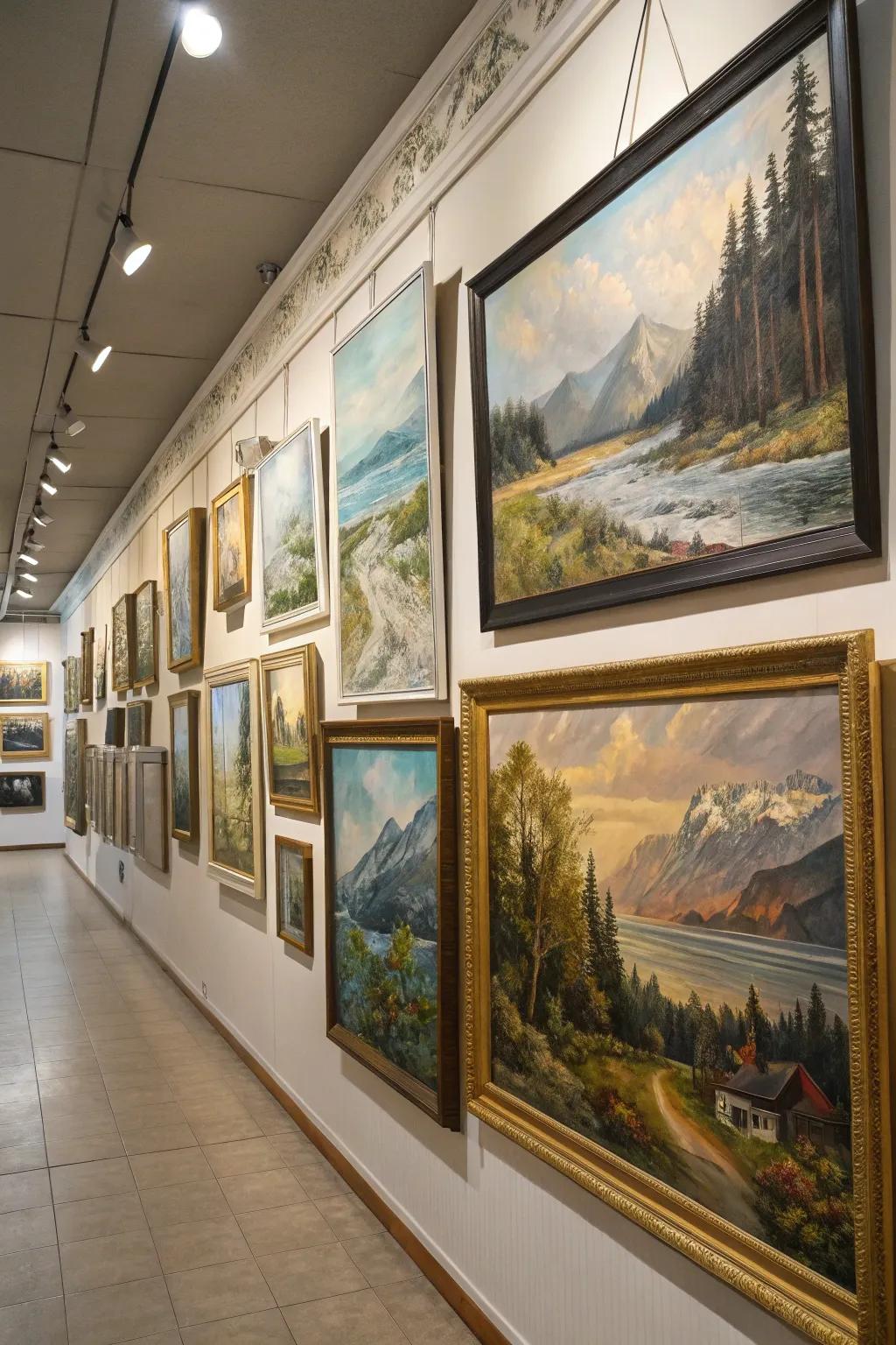 Gallery wall featuring paintings of diverse global landscapes.