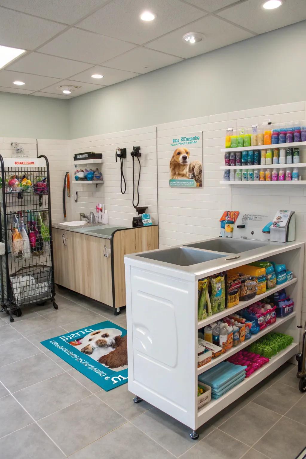 A functional retail corner with appealing pet products.