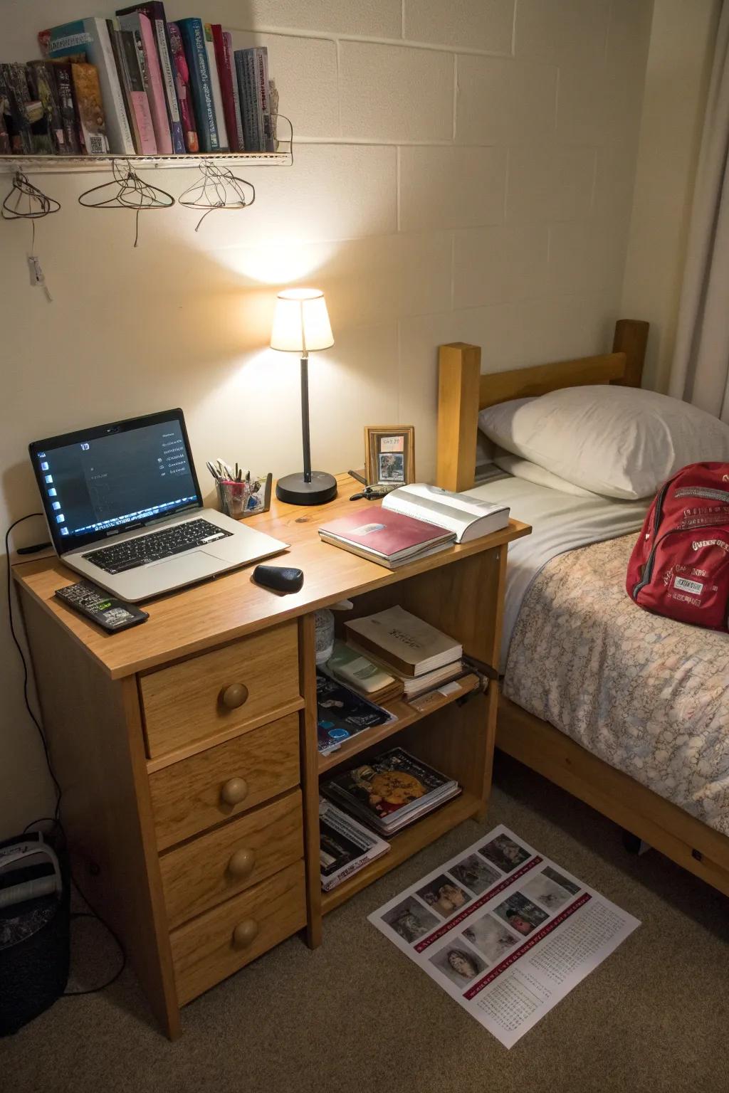 A small desk can double as a nightstand, providing workspace and storage.