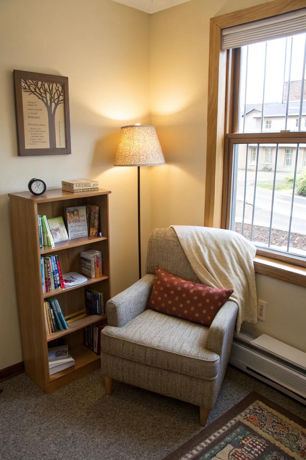 A cozy reading nook offers a peaceful retreat in your dorm.