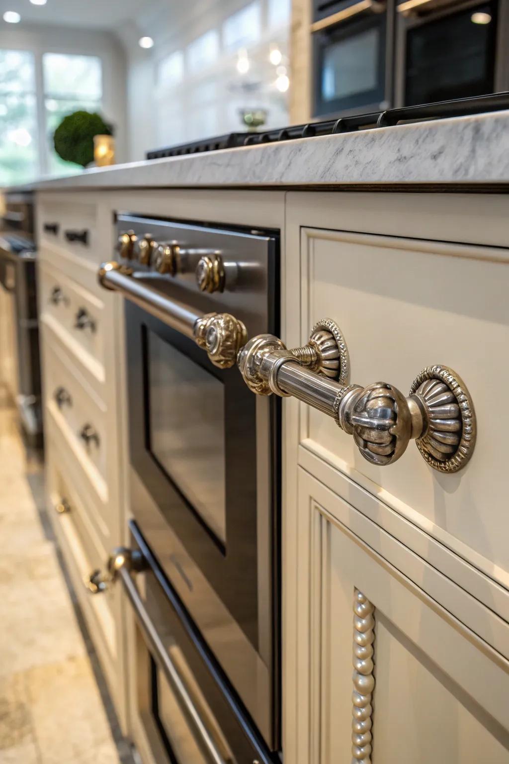 A close-up of statement handles on a double oven cabinet, highlighting unique design elements.