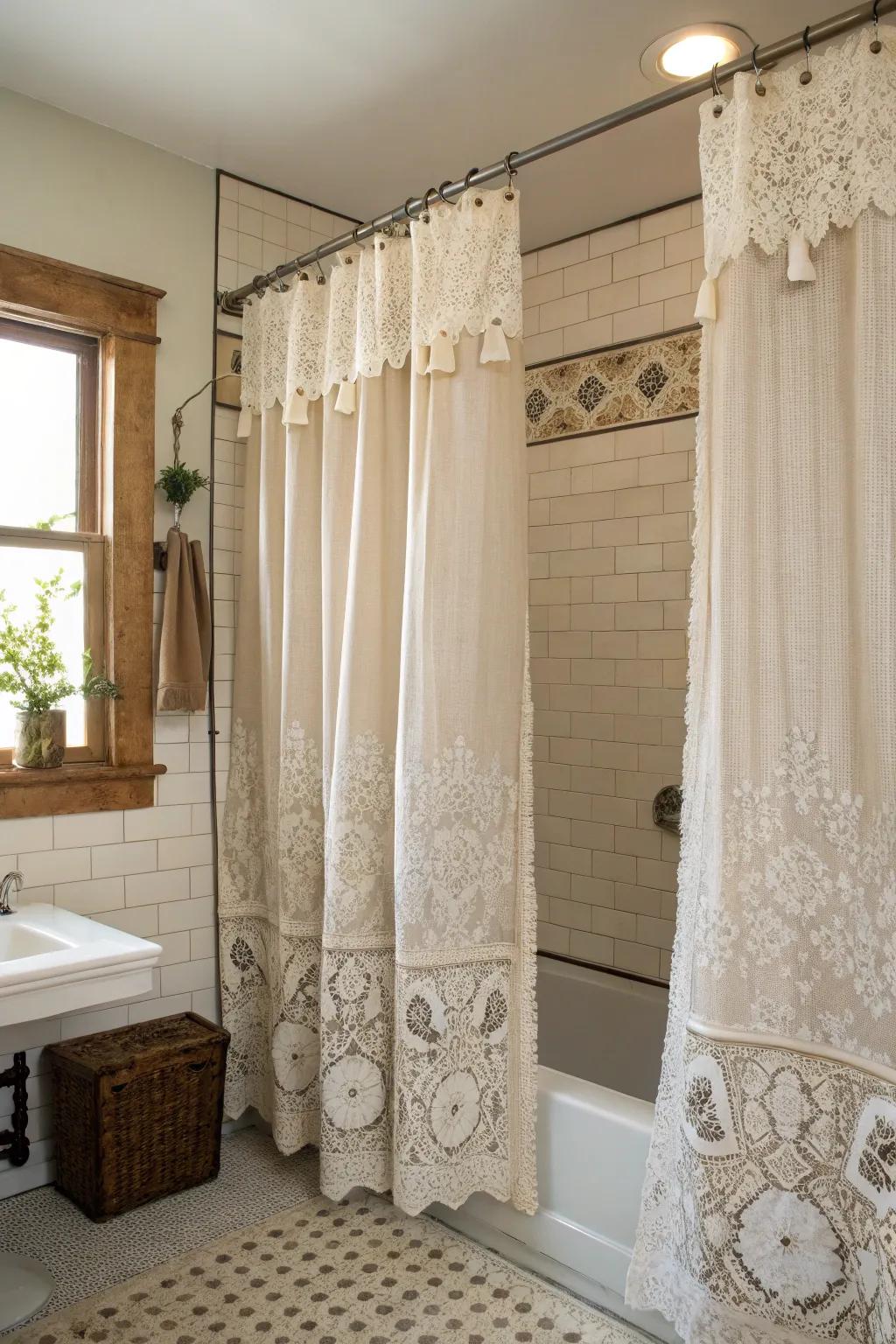 Lace curtains add a vintage charm to your bathroom decor.