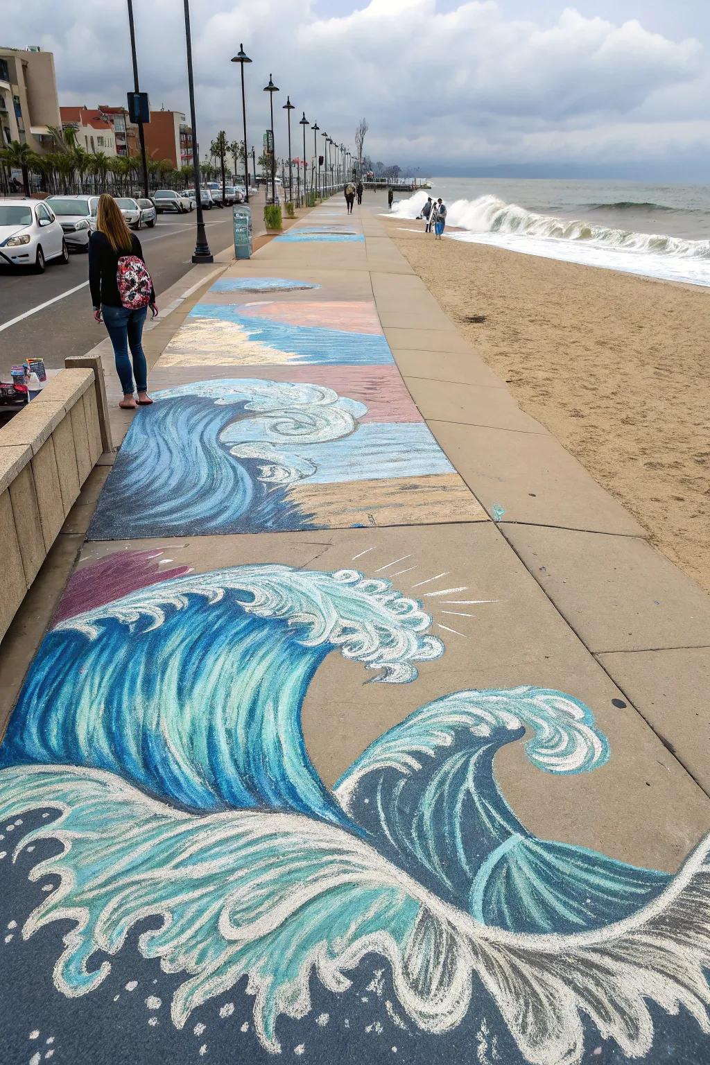 Ocean waves in chalk create a tranquil seaside escape.