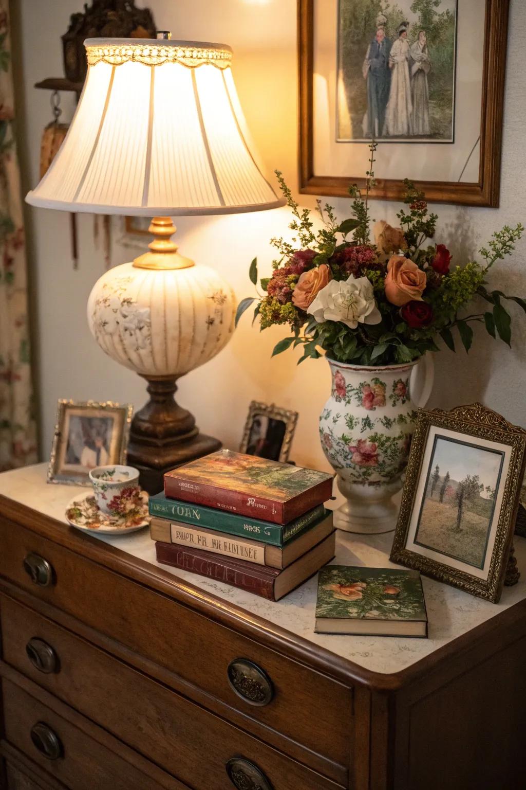 Artistic arrangements tell a story on the dresser.