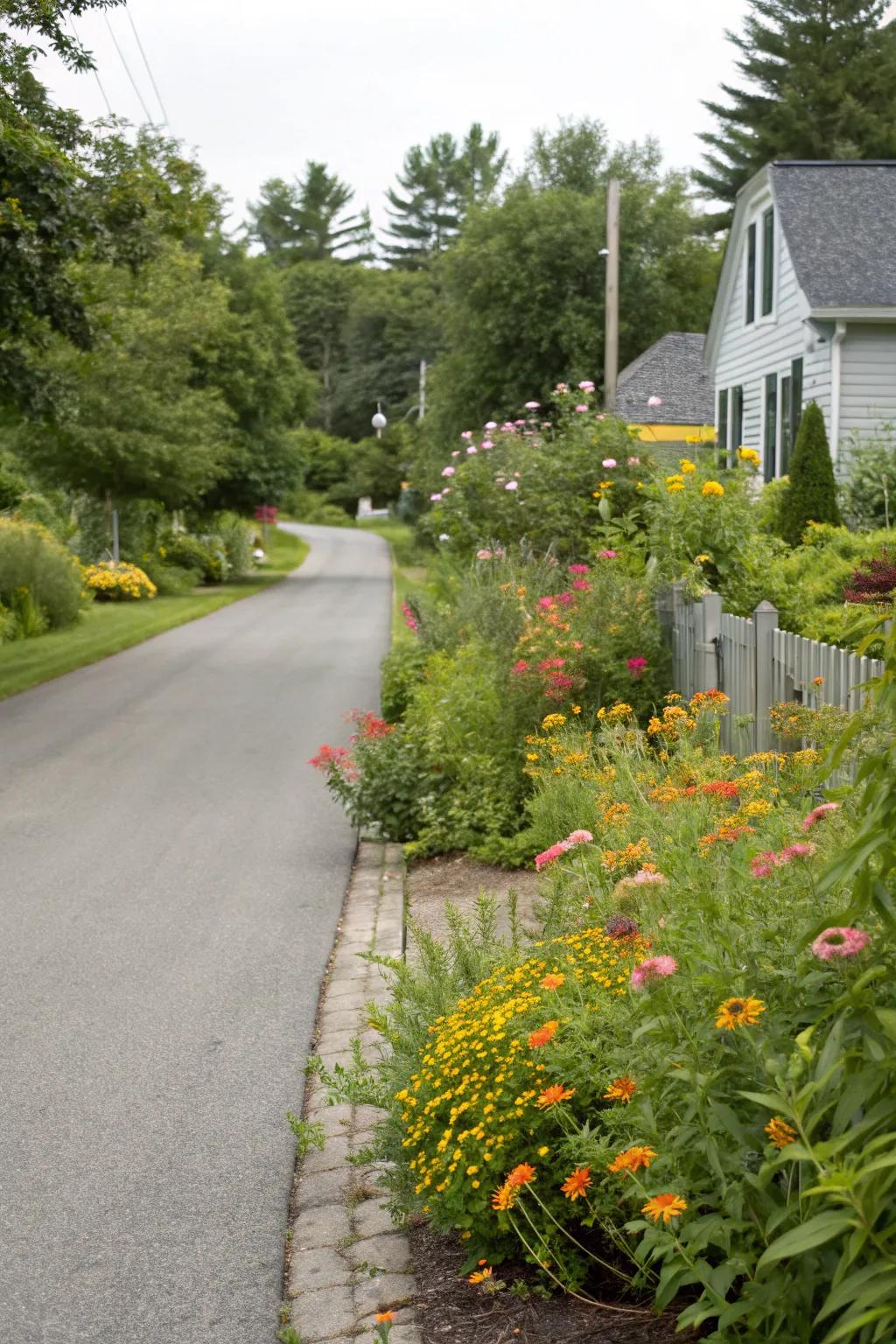 Biodiverse native plant gardens lining the driveway.