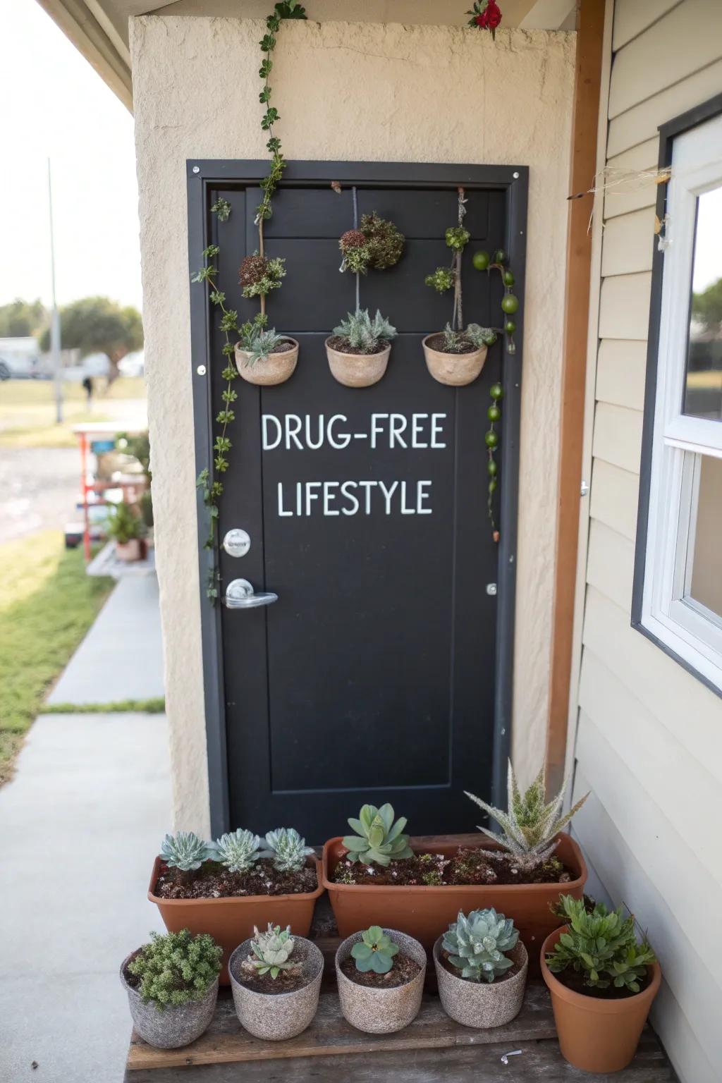 A succulent-themed door promoting a drug-free lifestyle.