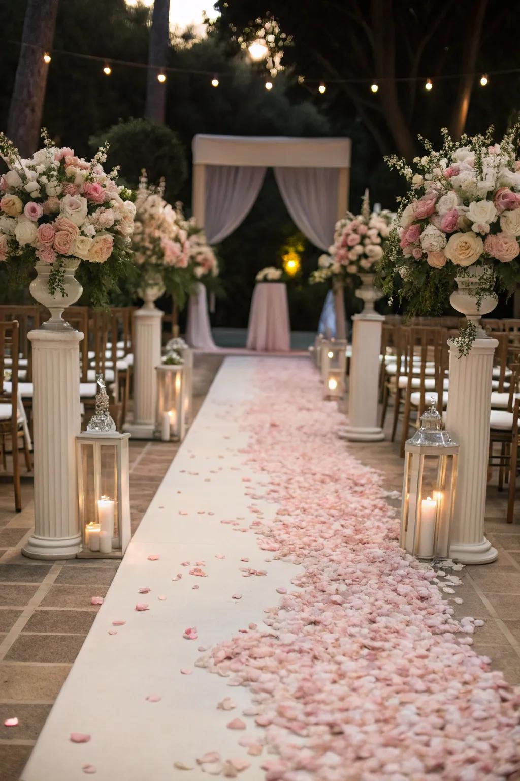 Romantic dusty rose aisle decor.