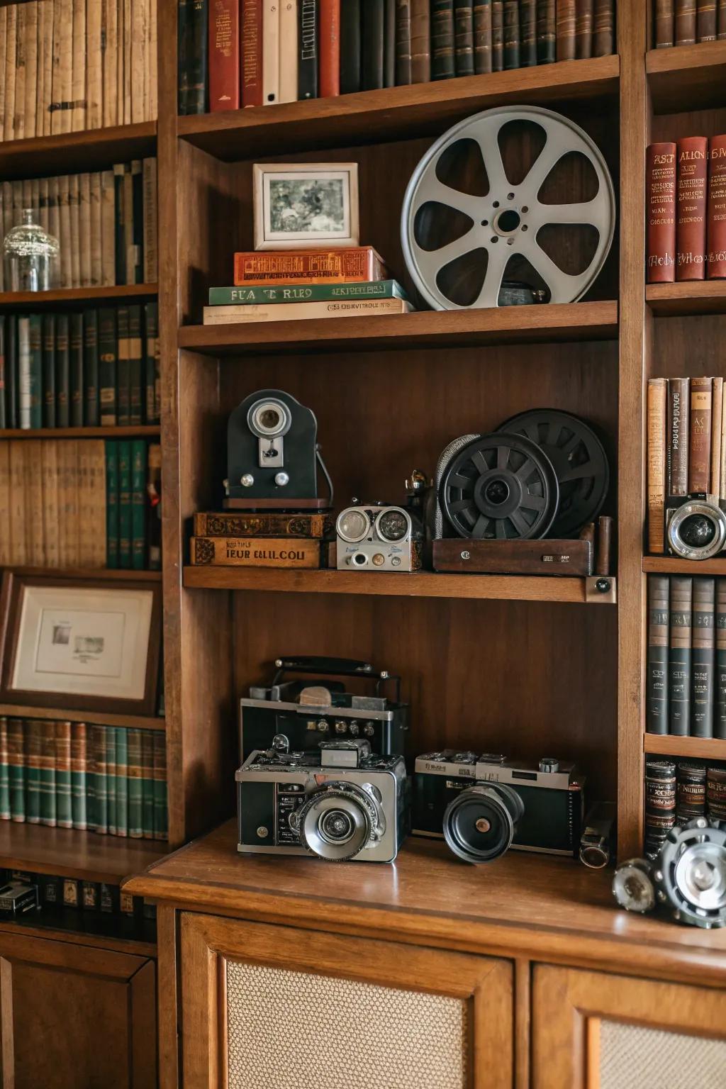Vintage items infuse character into this entertainment center.